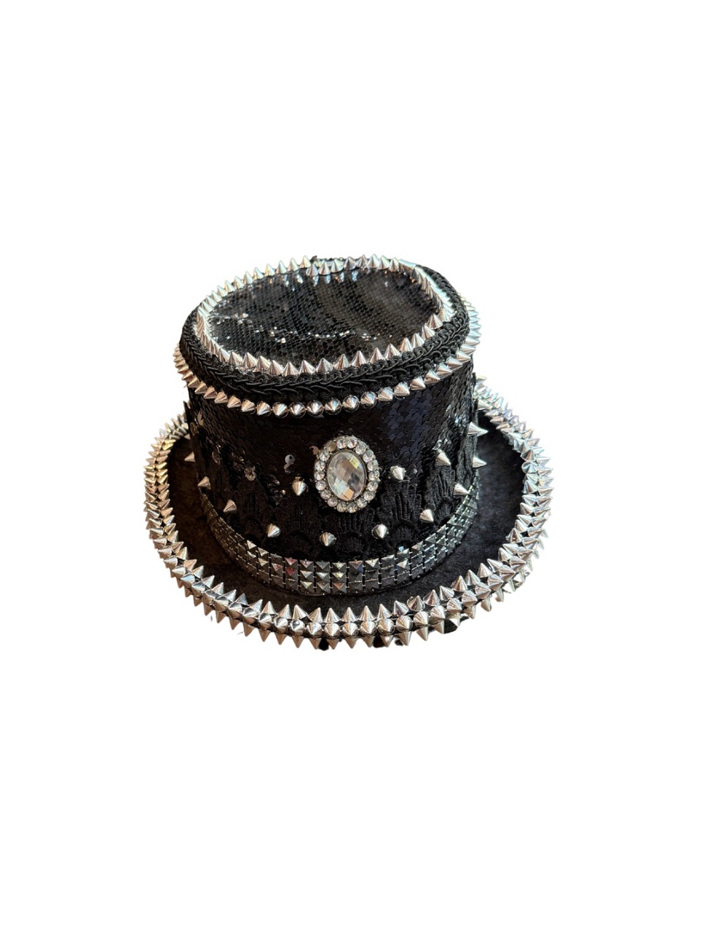 Black Studded Mini Top Hat with Gem Accent